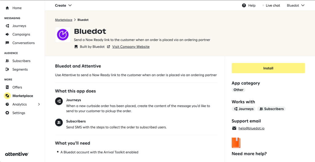 Attentive marketplace Install Bluedot Integration