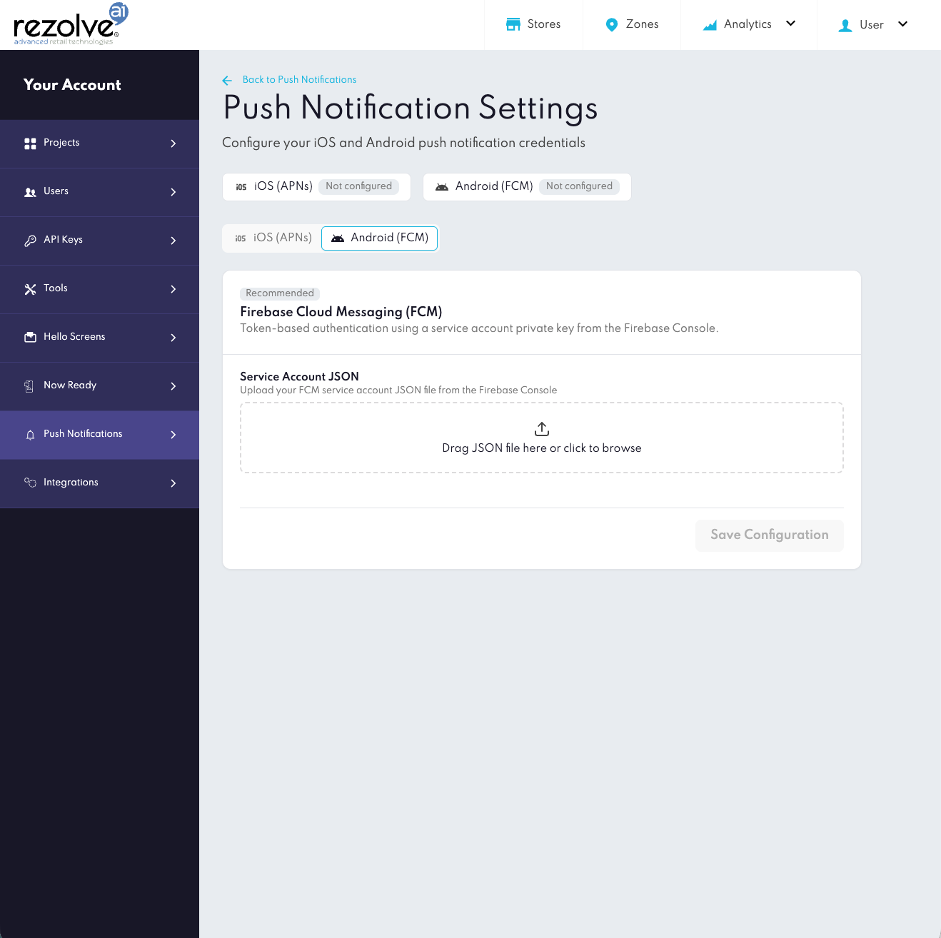 Canvas Push Notification Settings - Android FCM tab