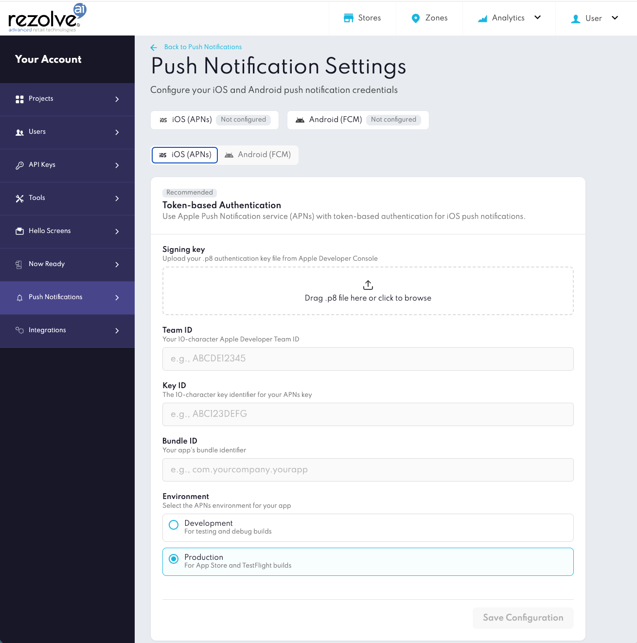 Canvas Push Notification Settings - iOS APNs tab